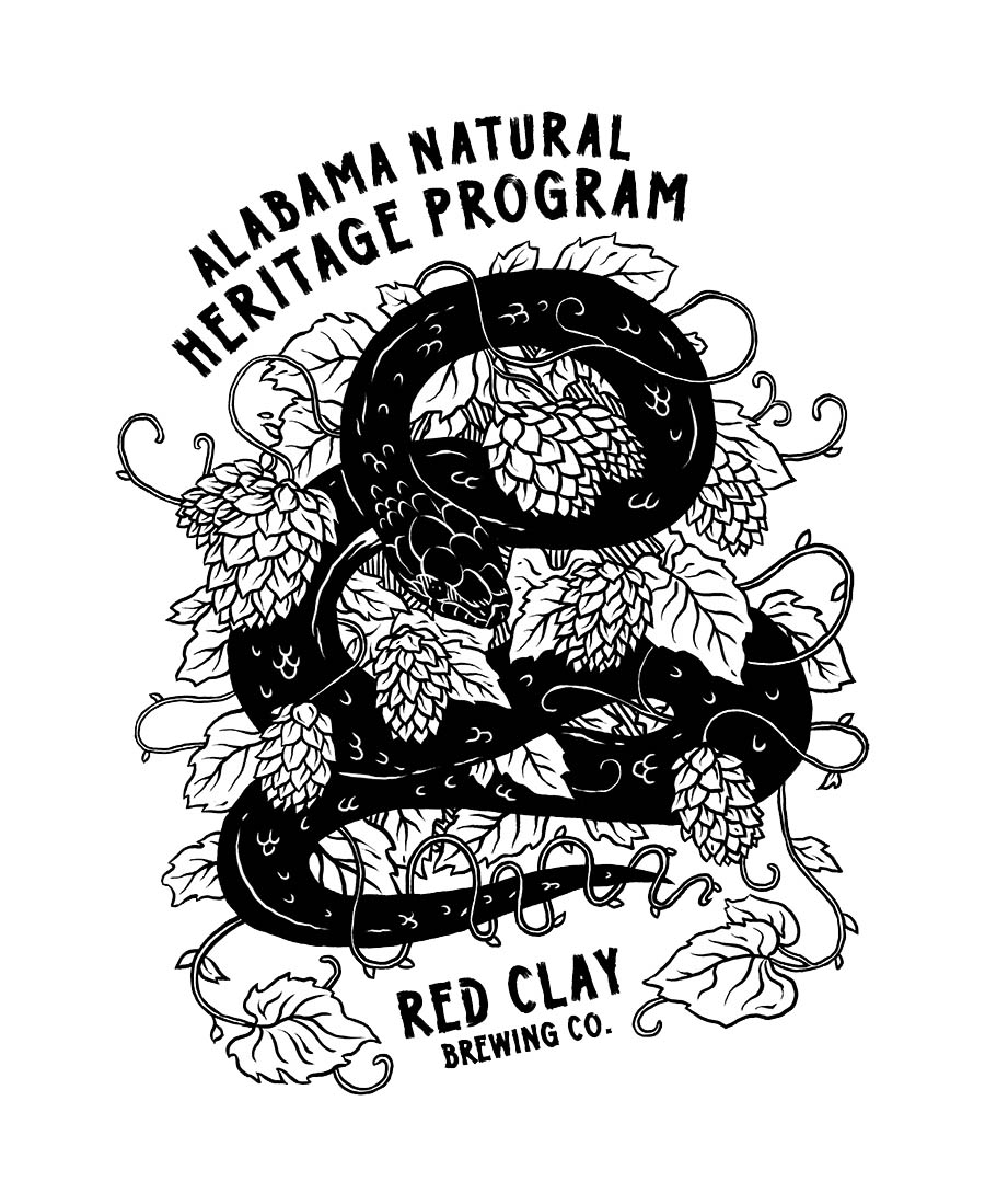 Logo for Red Clay Brewery's Drymarchon Berliner Weisse featuring a snake weaving through hop flowerers in black and white