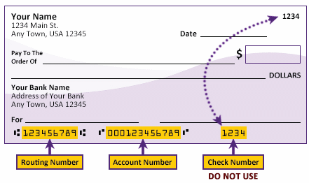 Example of eCheck with annotations indicating routing number, account number, and check number.