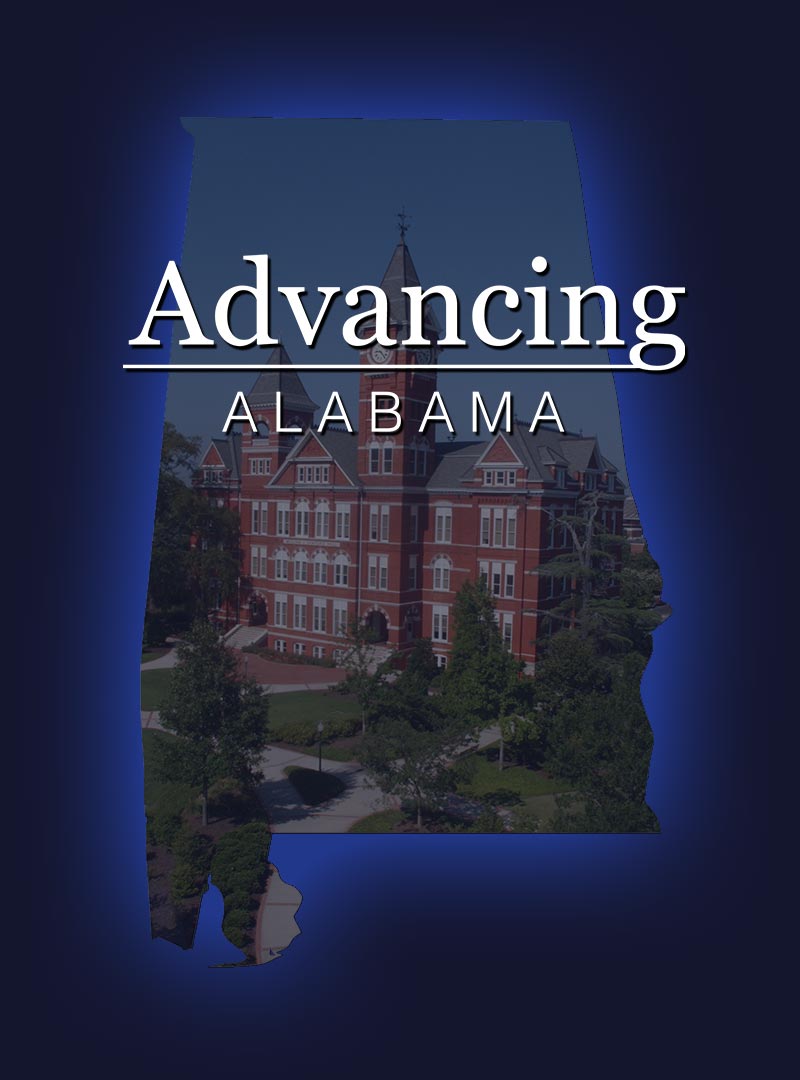 The words Advancing Alabama with Samford Hall below