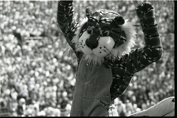 The original Aubie in overalls at a football game