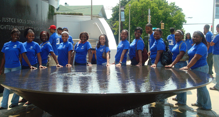 students by fountain
