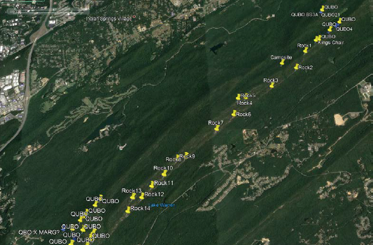 Image of the series of rock outcrops identified from aerial imagery and labeled with coordinate pins Rock1 – Rock 14 for scouting between known occurrences of QUBO within Oak Mountain State Park along the southeast ridge of Double Oak Mtn.