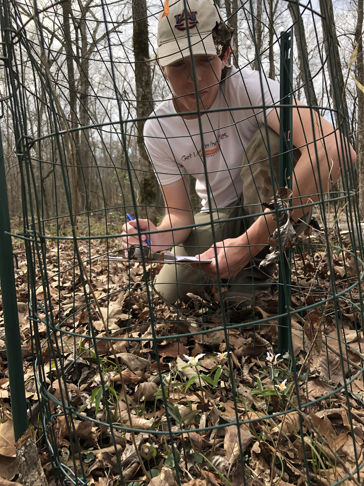 Noah Yawn collecting data on our Least Trillium plots at Redstone Arsenal in March 2021.