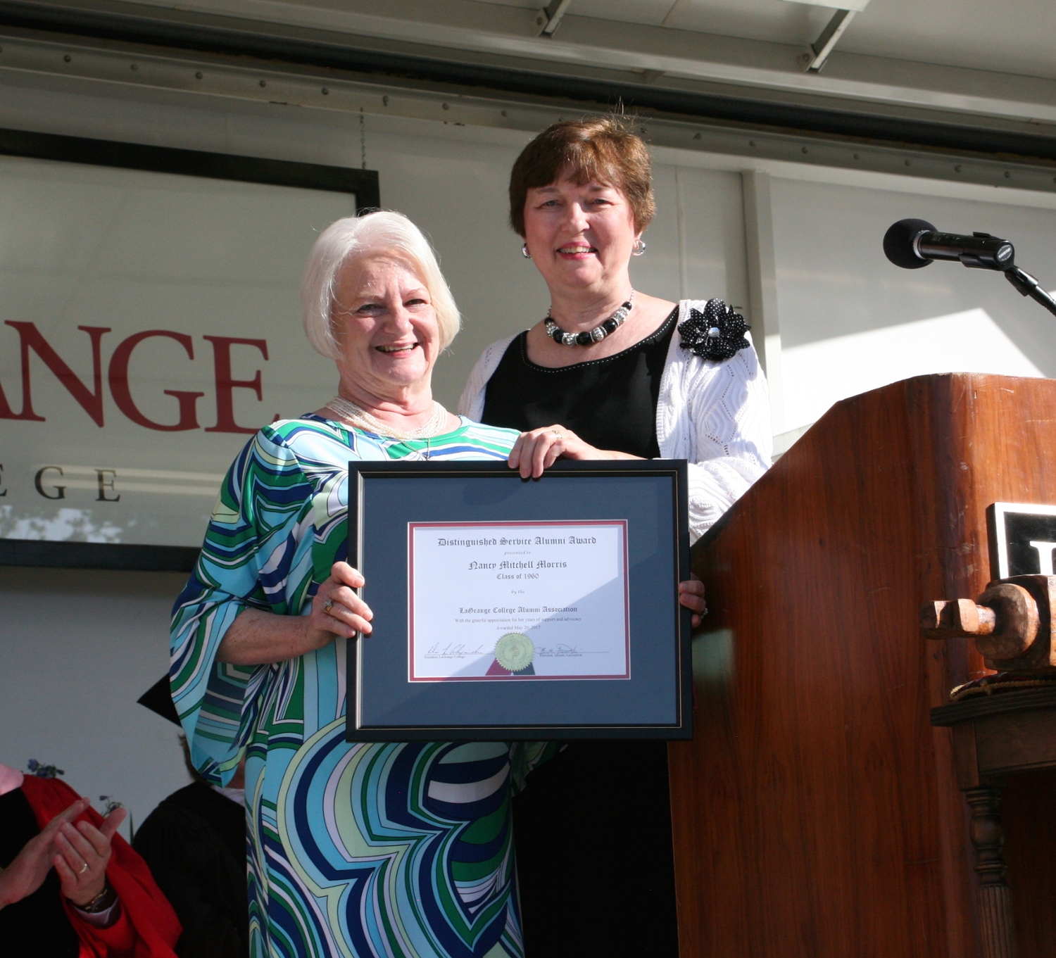 Nancy Morriss '64 receiving the Dinstinguished Service Alumni Award given by LaGrange College in Georgia.