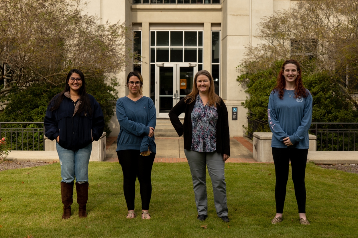 Major players in this NSF funded project stand outside the Rouse Life Sciences Building, where the Stevison Lab is located. Left to right: Natalia Rivera-Rincon, 3rd year PhD student, Ulku Huma Altindag, 4th year PhD candidate, Dr. Stevison, PI on the NSF grant, and Madison Watkins, NSF Post-Baccalaureate in the Stevison Lab. 
