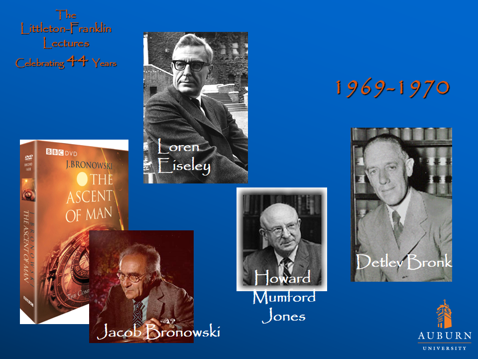 Littleton-Franklin Lectures of 1969-1970 showcasing a picture of Loren Eiseley, Jacob Bronowski, Howard Mumford Jones, and Detlev Bronk