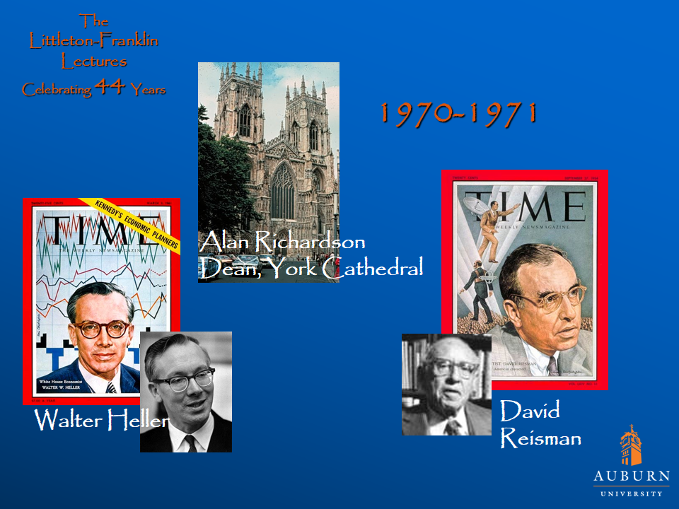 Littleton-Franklin Lectures of 1970-1971 showcasing a picture of Alan Richardson Dean, York Cathedral, Walter Heller, and David Reisman