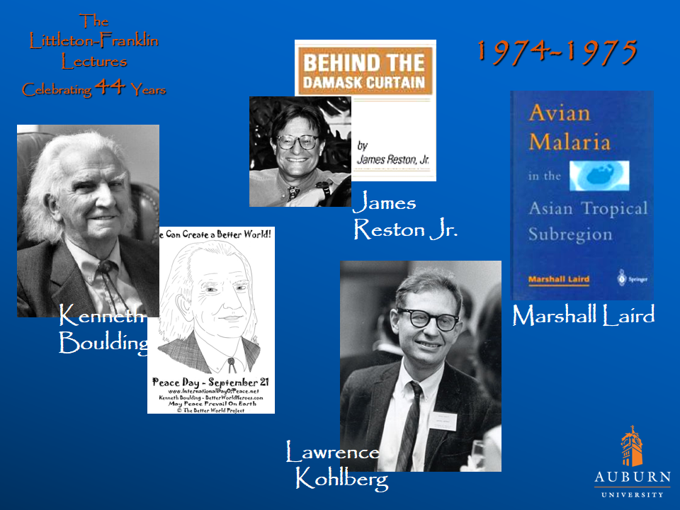 Littleton-Franklin Lectures of 1974-1975 showcasing pictures of Kenneth Boulding, James Reston Jr., Lawrence Kohlberg, and Marshall Laird'