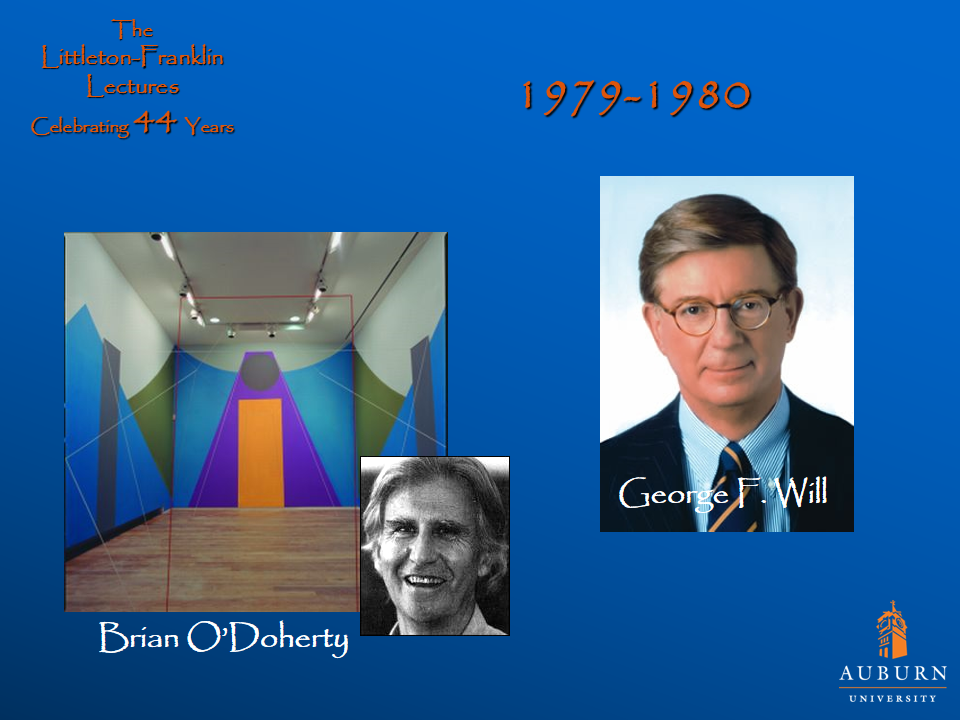 Littleton-Franklin Lectures of 1979-1980 showcasing pictures of Brian O'Doherty and George F. Will