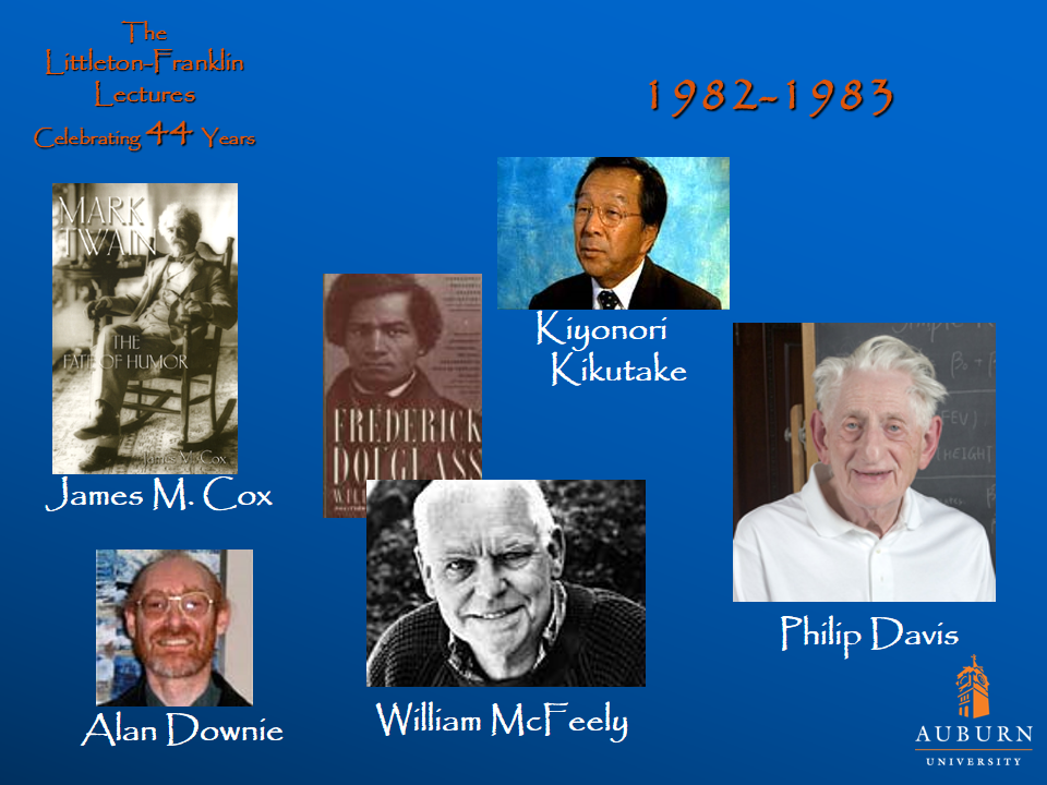 Littleton-Franklin Lectures of 1982-1983 showcasing pictures of James M. Cox, Alan Downie, William McFeely, Kiyonori Kikutake, and Philip Davis
