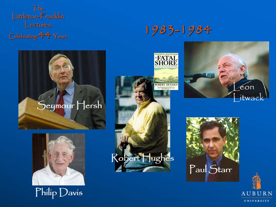 Littleton-Franklin Lectures of 1983-1984 showcasing pictures of Philip Davis, Seymour Hersh, Robert Hughes, Leon Litwack, and Paul Starr