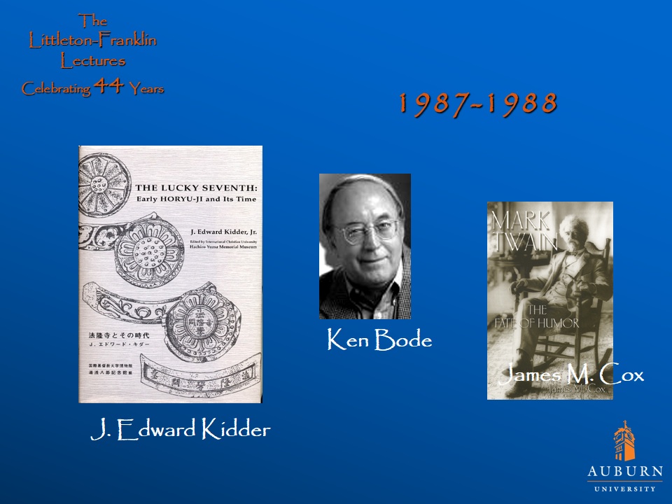 Littleton-Franklin Lectures of 1987-1988 showcasing pictures of J. Edward Kidder, Ken Bode, James M. Cox