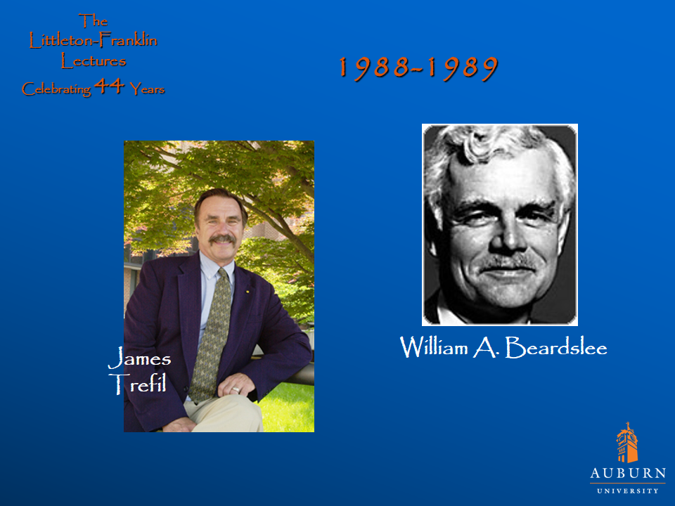 Littleton-Franklin Lectures of 1988-1989 showcasing pictures of James Trefil and William A. Beardslee