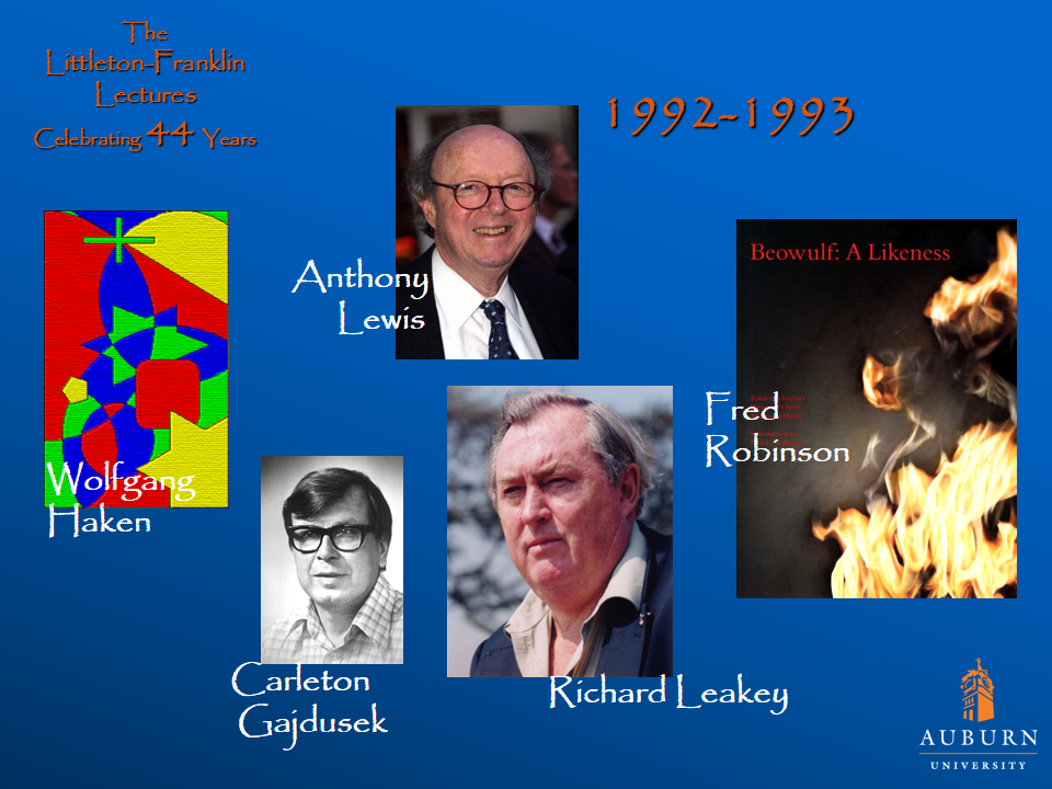 Littleton-Franklin Lectures of 1992-1993 showcasing pictures of Wolfgang Haken, Anthony Lewis, Carleton Gajdusek, Richard Leakey, and Fred Robinson