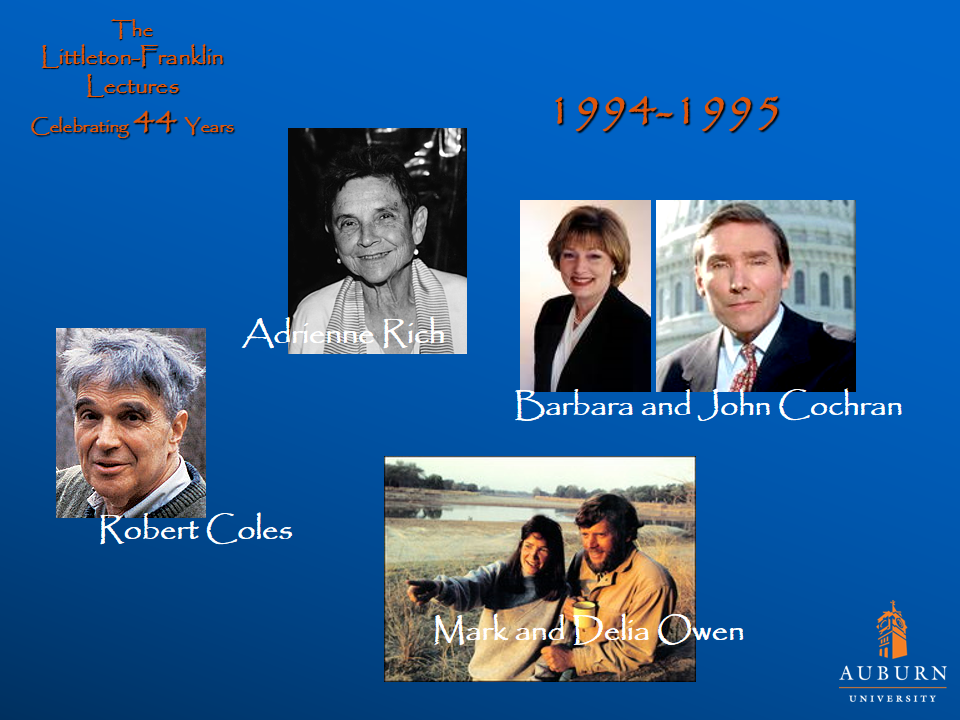 Littleton-Franklin Lectures of 1994-1995 showcasing pictures of Robert Coles, Adrienne Rich, Barbara and John Cochran, and Mark and Delia Owen