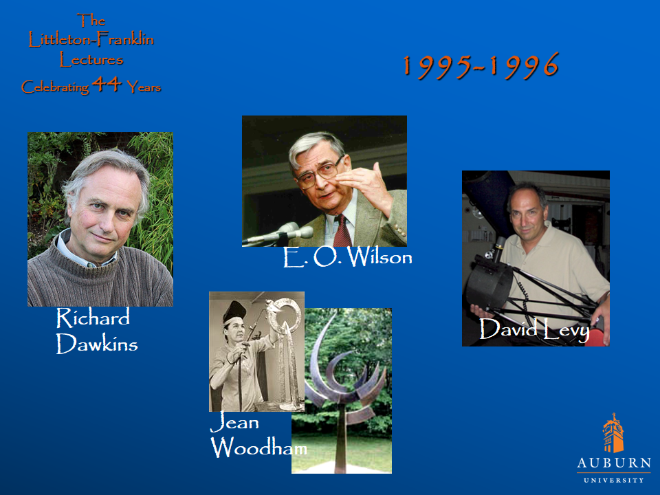 Littleton-Franklin Lectures of 1995-1996 showcasing pictures of Richard Dawkins, E.O. Wilson, Jean Woodham, and David Levy