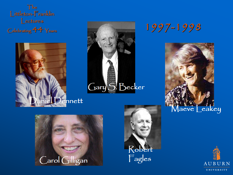 Littleton-Franklin Lectures of 1997-1998 showcasing pictures of Daniel Dennett, Carol Gilligan, Gary S. Becker, Robert Fagles, and Maeve Leakey