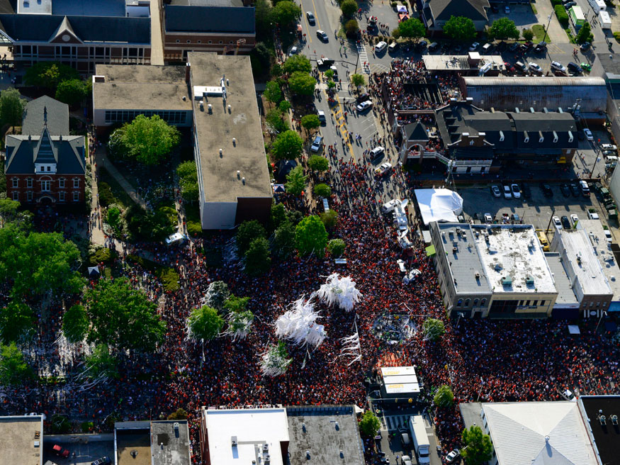 Another view from the air as a record crowd gathers at Toomer's Corner.