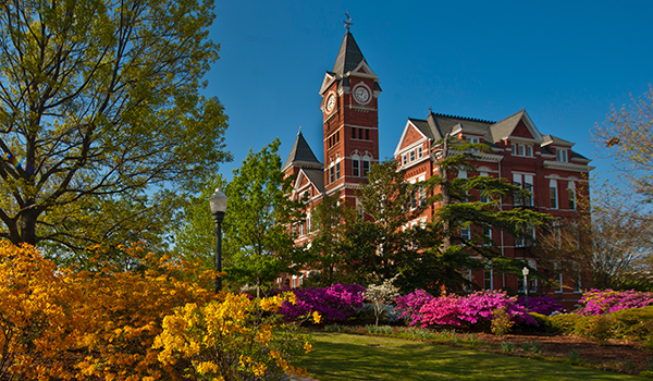 Colorful blooming plants and trees in front of Samford Hall