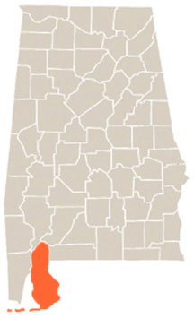 Baldwin County Highlighted In Orange on State of Alabama Map