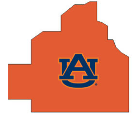 Outline of Bibb County Alabama with AU logo on top