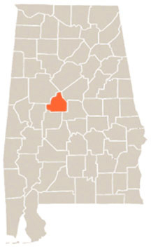 Bibb County Highlighted In Orange on State of Alabama Map