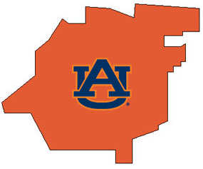 Outline of Calhoun County Alabama with AU logo on top