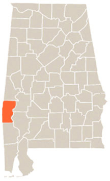 Choctaw County Highlighted In Orange on State of Alabama Map