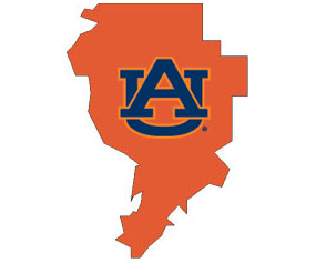 Outline of Clarke County Alabama with AU logo on top