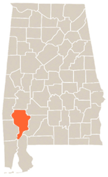 Clarke County Highlighted In Orange on State of Alabama Map