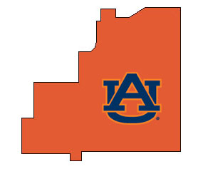 Outline of Clay County Alabama with AU logo on top