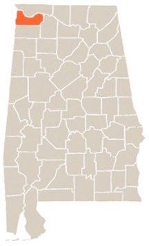 Colbert County Highlighted In Orange on State of Alabama Map