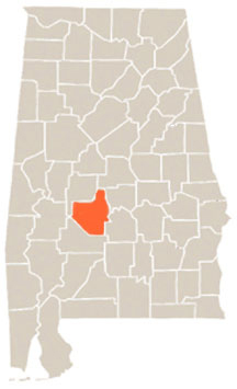 Dallas County Highlighted In Orange on State of Alabama Map
