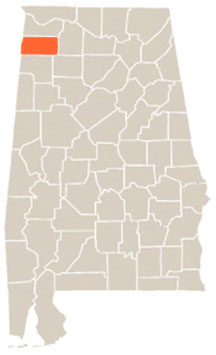 Franklin County Highlighted In Orange on State of Alabama Map