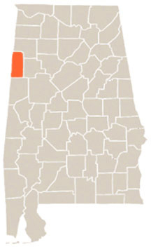 Lamar County Highlighted In Orange on State of Alabama Map