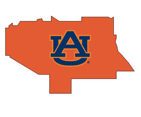 Outline of Lee County Alabama with AU logo on top