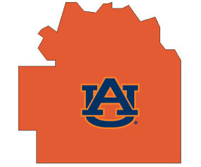 Outline of Lowndes County Alabama with AU logo on top