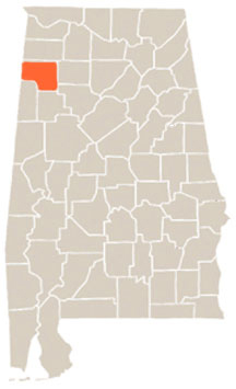 Marion County Highlighted In Orange on State of Alabama Map