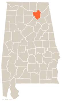 Marshall County Highlighted In Orange on State of Alabama Map