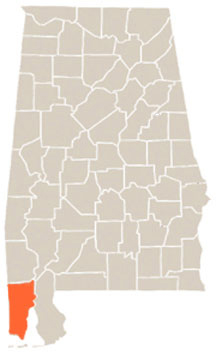 Mobile County Highlighted In Orange on State of Alabama Map
