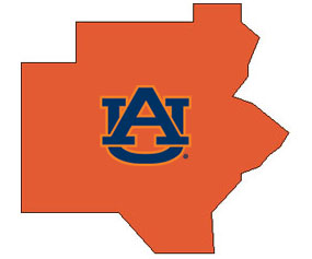 Outline of Russell County Alabama with AU logo on top