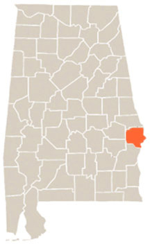 Russell County Highlighted In Orange on State of Alabama Map