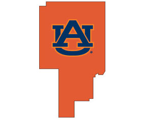 Outline of Tallapoosa County Alabama with AU logo on top