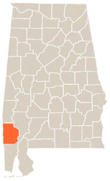 Washington County Highlighted In Orange on State of Alabama Map