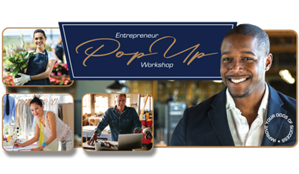 Images of several small business owners with text ‘Entrepreneur pop up workshop. Improve your odds of success.