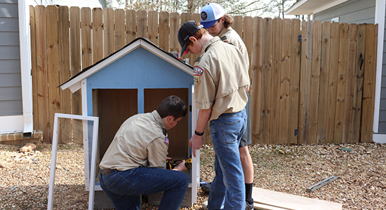 Three boy scouts build a mobile food pantry similar to a small book exchange