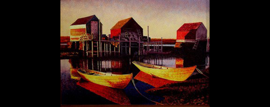 Two yellow boats tied to a dock on a placid lake with 3 weathered red buildings on pillars in the background.