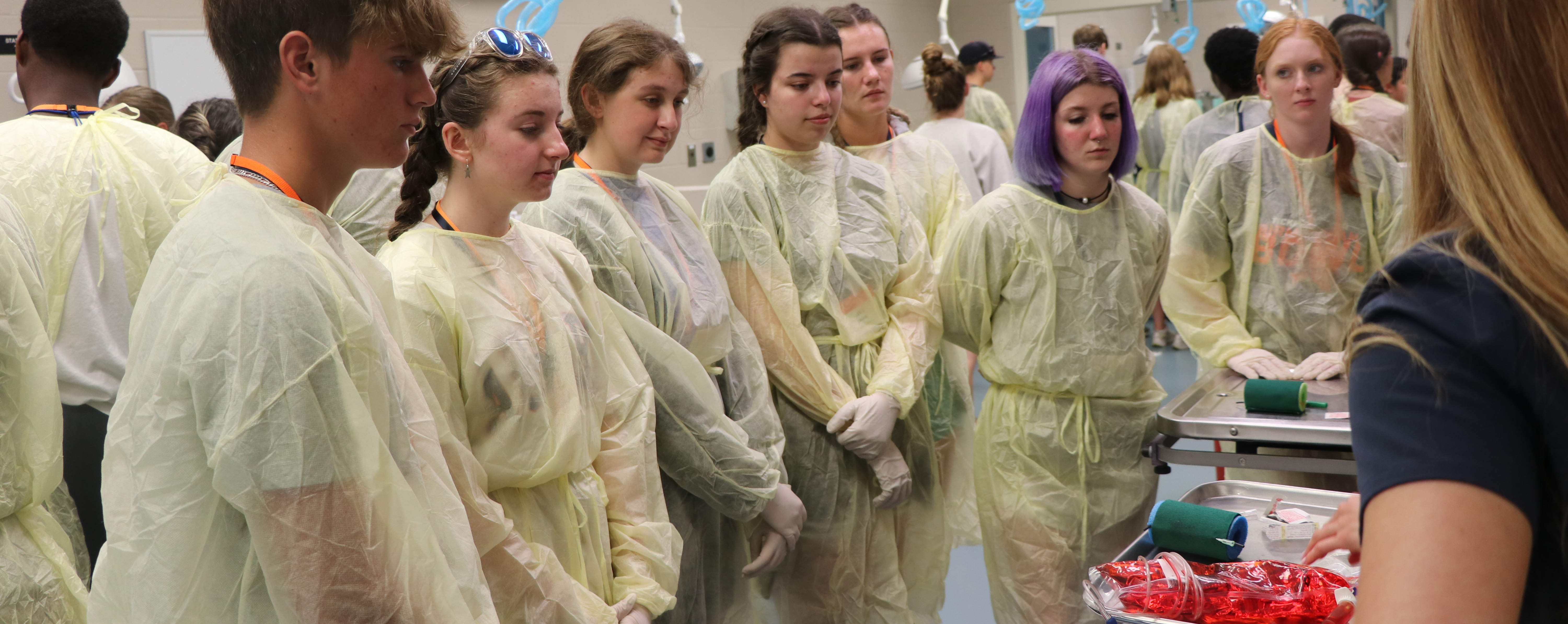 Campers wear sterile gowns as they listen to a Vetinarian Tech.