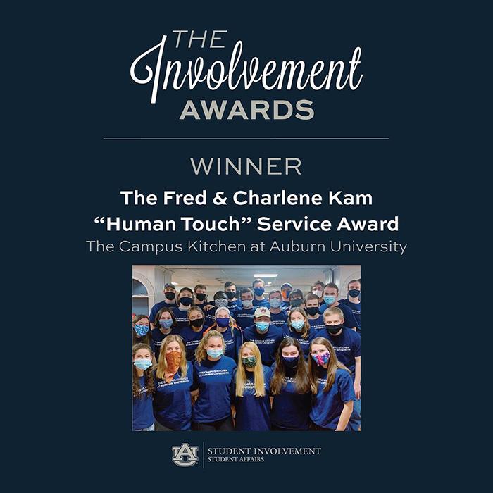 The Involvement Awards - Winner - The Fred and Charlene Kam 'Human Touch' Service Award - The Campus Kitchen at Auburn University - with group photo of campus kitchen student volunteers wearing face masks