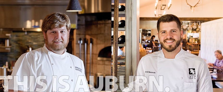Chef Rob McDaniel stands in the dining area at SpringHouse, a restaurant in Alexander City and Chef David Bancroft stands in his Auburn restaurant, Acre.